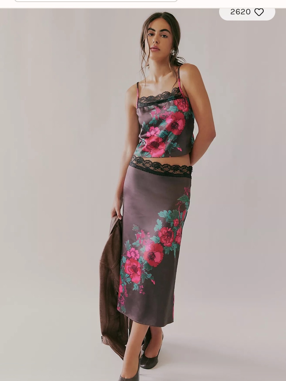 Free People Floral Satin Lace-Trim Camisole & Skirt Set